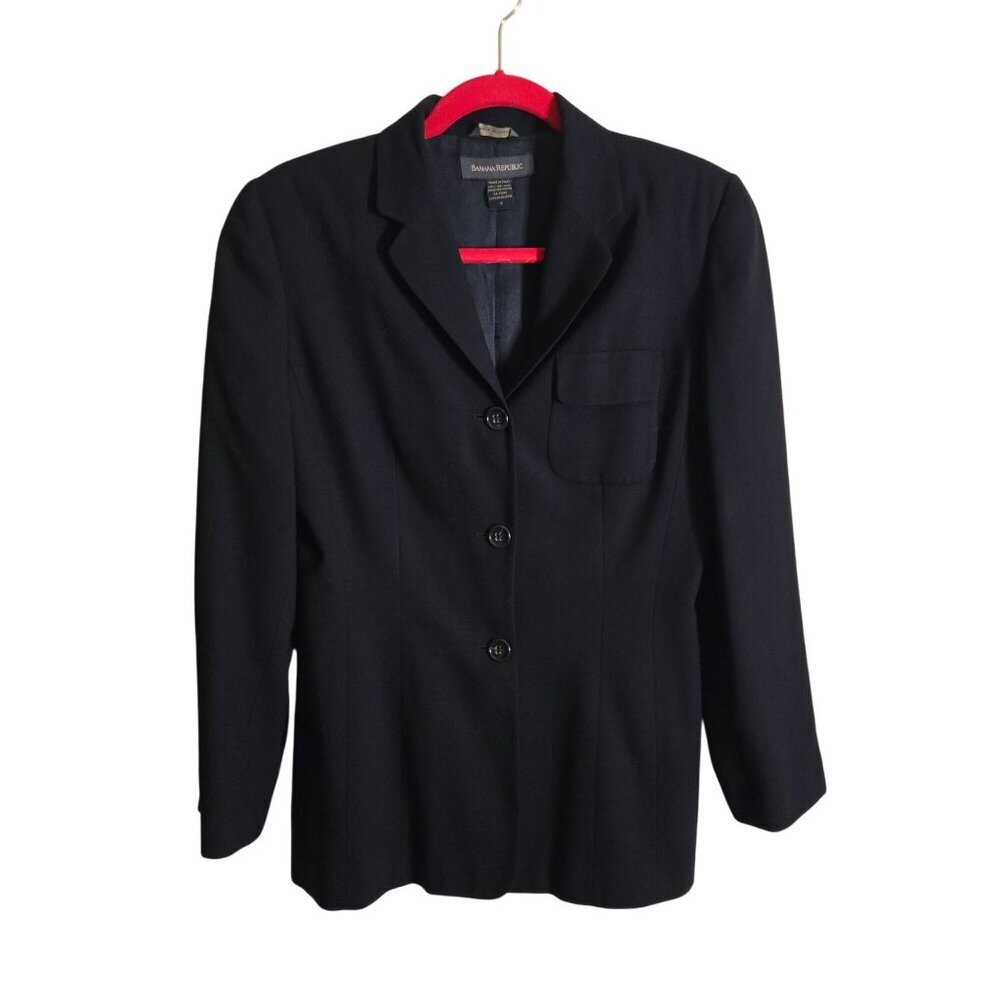 Banana Republic Black Italian Wool 3 Button Flap Breast Pocket Blazer Size S